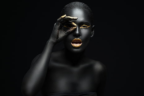 чернокоса жена, злато, черно, модел, грим, HD тапет HD wallpaper