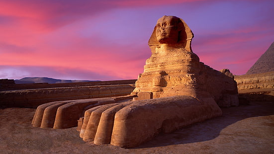 Esfinge de hormigón marrón, Egipto, esfinge, puesta de sol, arquitectura, desierto, escultura, Fondo de pantalla HD HD wallpaper