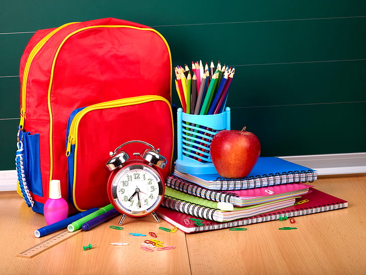 Apple, pencils, alarm clock, bag, notebook, line, satchel, clip, markers, accessories, school, HD wallpaper