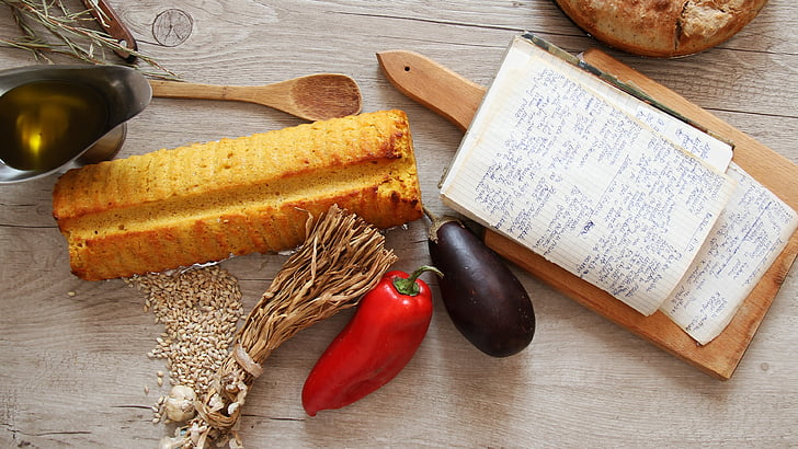 bell pepper, eggplant, bread, chopping board photo, food, still life, vegetables, bread, HD wallpaper