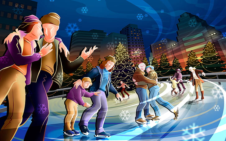 Joyeuses fêtes de Noël, illustration de patinage sur glace, Noël, joyeux, célébrations, Fond d'écran HD