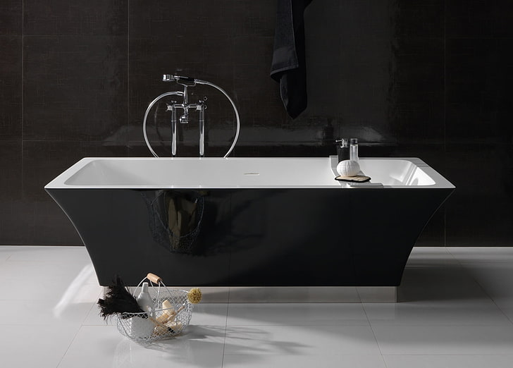 svartvitt keramiskt badkar, vitt, design, svart, interiör, badkar, badrum, HD tapet