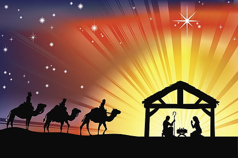 عطلة ، عيد الميلاد ، الجمل ، يسوع ، مريم (أم يسوع) ، الليل ، النجوم ، الحكماء الثلاثة، خلفية HD HD wallpaper