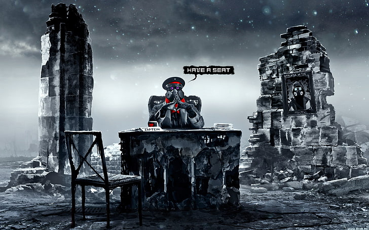 робот, опираясь руками на рабочий стол, обои, стол, портрет, арт, кресло, противогаз, капитан, руины, романтика Апокалипсиса, романтически апокалиптический, алексус, HD обои