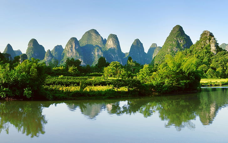 Guilin, krajobraz Yangshuo, Chiny, góry, rzeka, odbicie wody, Guilin, Yangshuo, krajobraz, Chiny, góry, rzeka, woda, odbicie, Tapety HD
