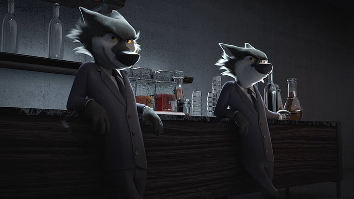 two fox characters, wolf, Anthro, animals, 3D, cartoon, movies, suits, clothing, tie, gangsters, gangster, screen shot, screengrab, Rock Dog, cigars, HD wallpaper