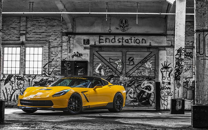 giallo, cancello, Corvette, Chevrolet, grafiti, Stingray, HPE700, 2015, Ruffer Performance, Sfondo HD