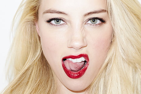 Amber Heard, loira, olhos azuis, línguas, modelo, boca aberta, bocas, mulheres, atriz, fotografia, maquiagem, rosto, retrato, HD papel de parede HD wallpaper