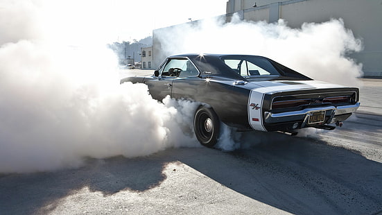 Dodge Charger RT Burnout Smoke HD, czarny muscle car, samochody, dym, unik, wypalenie, ładowarka, rt, Tapety HD HD wallpaper