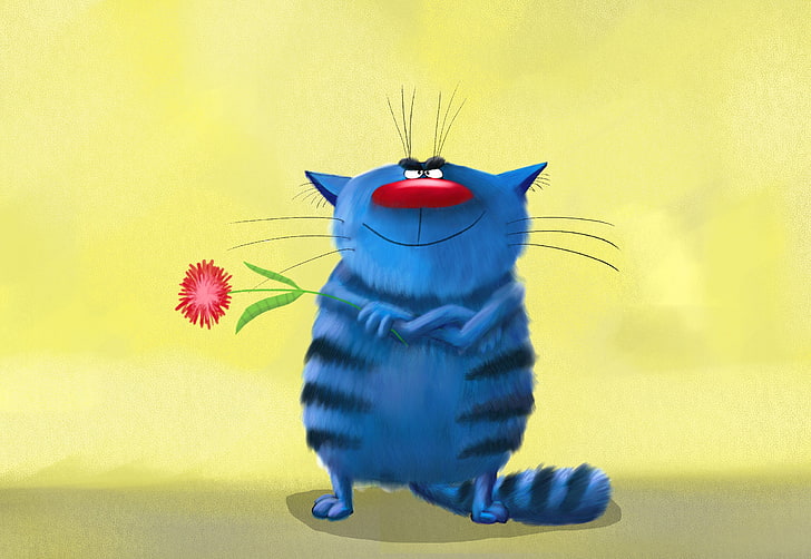 gatto blu, fiore, gatto, blu, pittura, immagine, arte, Astra, pittura, a strisce, mantiene, divertente, simpatico, sorridente, sorpresa, tra le grinfie, acquerello., Sfondo HD