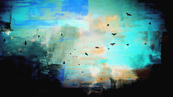 brown and white abstract painting, digital art, birds, drawing, cyan, HD wallpaper