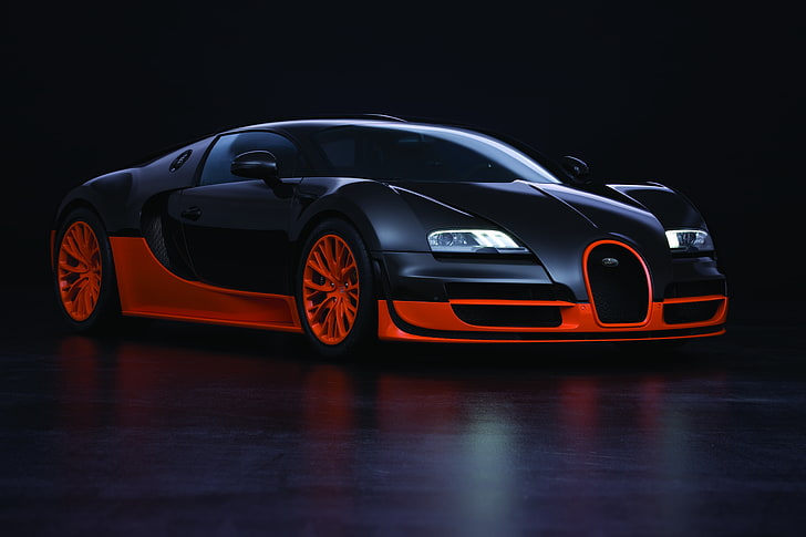 pomarańczowy i czarny Bugatti Veyron super samochód, supersamochód, Bugatti Veyron, Super Sport, 16.4, najszybszy samochód produkcyjny, Tapety HD