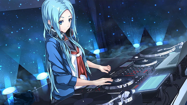 вокалоиден плакат, аниме, аниме момичета, дълга коса, синя коса, сини очи, слушалки, DJ, HD тапет