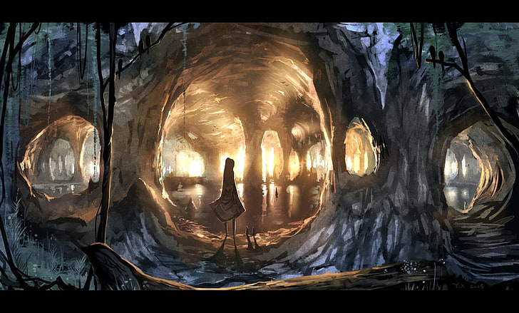Anime, Original, Cave, Girl, Lake, Sunlight, HD wallpaper