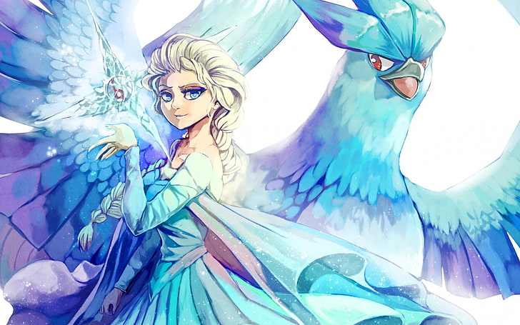 Wallpaper digital Disney Frozen Queen Elsa dan Pokemon Arcticuno, Princess Elsa, Articuno, Frozen (film), crossover, Pokémon, Wallpaper HD