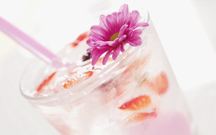 clear drinking glass, drink, cocktail, ice, flower, ornament, HD wallpaper