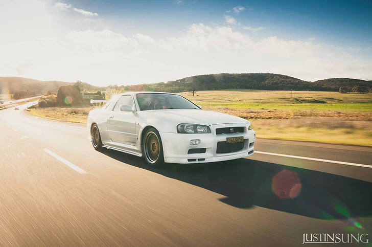 white sport coupe, road, white, movement, skyline, Nissan, gt-r, gtr, riding, r34, bbs, justin sung, HD wallpaper