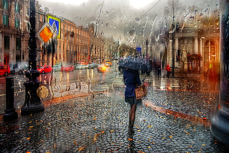 Mujer sosteniendo paraguas pintura, niña, gotas, lluvia, paraguas, San Petersburgo, Nevsky, otoño, Fondo de pantalla HD HD wallpaper