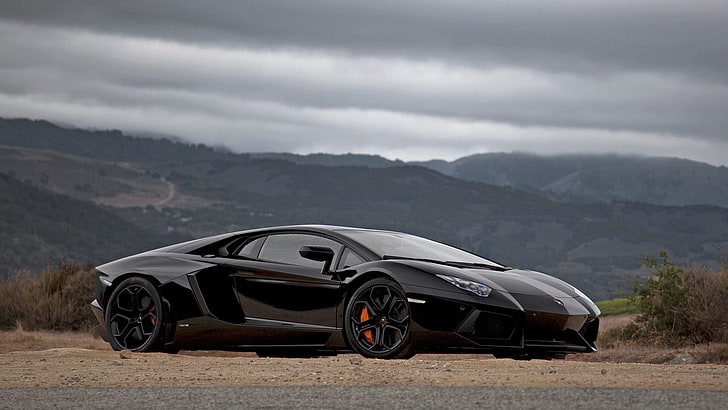 черный Lamborghini, спорткар, дорога, гора, небо, стильные машины, lamborghini, HD обои