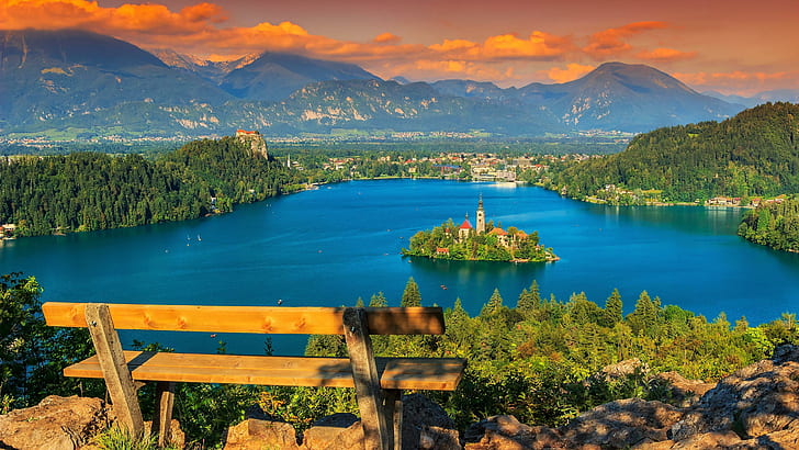 banc, lac, montagnes, église, alpes juliennes, europe, alpes, lac de bled, île de bled, slovénie, Fond d'écran HD