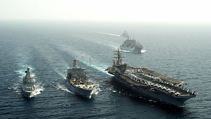 four aircraft carrier ships on ocean, USS Dwight Eisenhower, aircraft carrier, U.S. Navy, Nimitz, CVN-69, convoy, sea, HD wallpaper