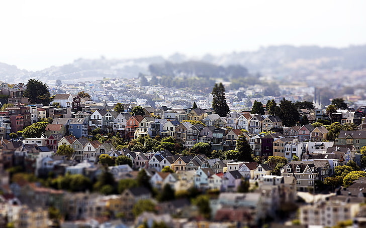 雑色の家、白と黒のコンクリートの家の傾斜レンズ、サンフランシスコ、ティルトシフト、都市景観、家、 HDデスクトップの壁紙