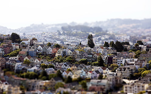 casas de colores variados, lentes de inclinación de casas de concreto blanco y negro, San Francisco, cambio de inclinación, paisaje urbano, casa, Fondo de pantalla HD HD wallpaper