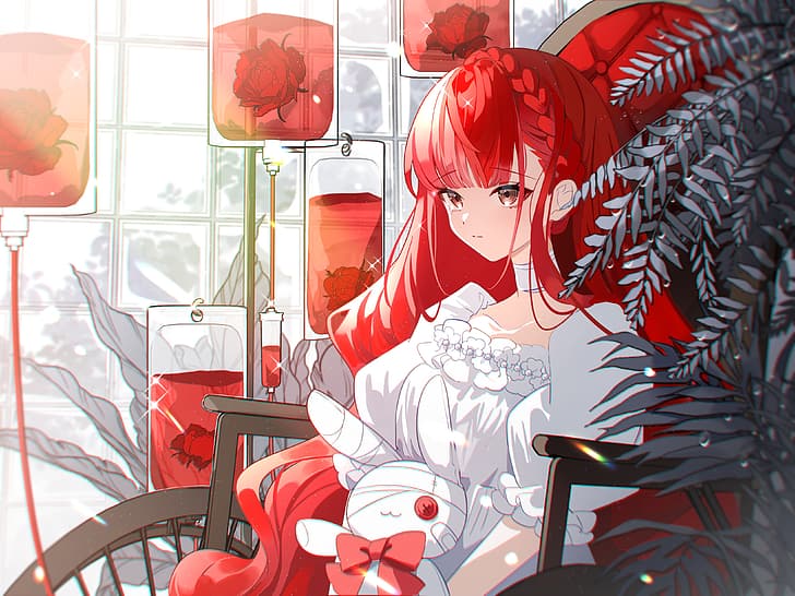 Anime Mädchen, Rollstuhl, Rothaarige, Blut, rote Augen, Zöpfe, Rose, lange Haare, HD-Hintergrundbild