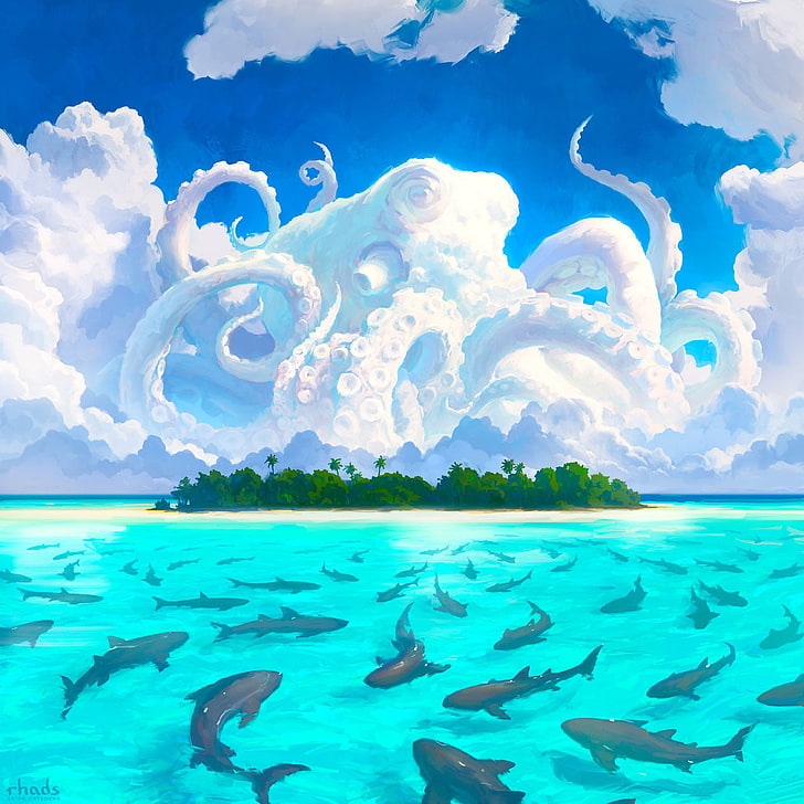 octopus wallpaper, Artem RHADS, painting, sky, clouds, sea, shark, island, octopus, HD wallpaper