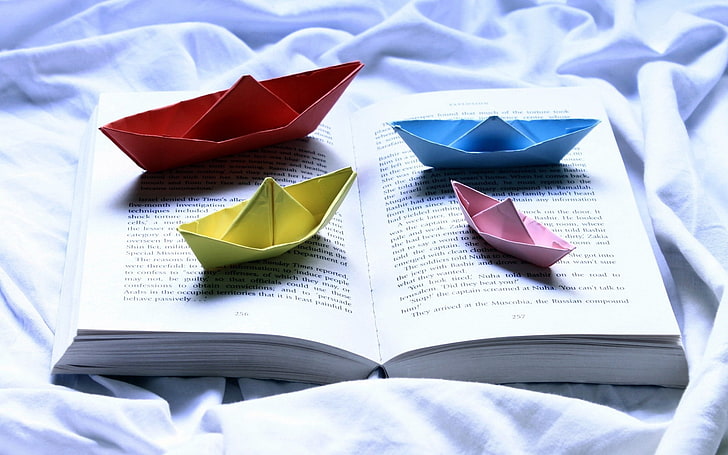 assorted color paper boats, boats, book, paper, colored, HD wallpaper