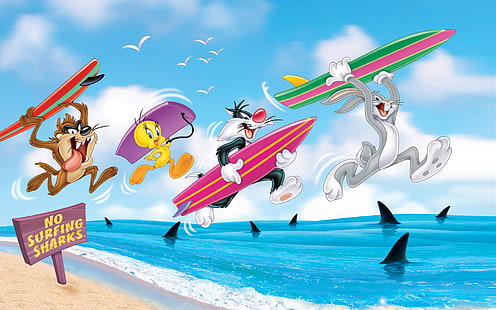 Bugs Bunny Sylvester The Cat Tweety Bird And Tasmanian Devil Prohibited Surfing Sea Waves Sharks Hd Wallpaper 1920×1200, HD wallpaper HD wallpaper