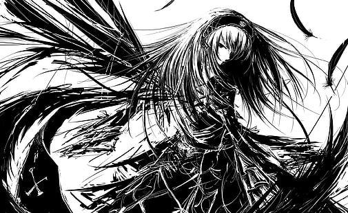 Rozen Maiden Suigintou, schwarze und weiße weibliche animierte Tapete, Künstlerisch, Anime, Rozen, Maiden, Suigintou, HD-Hintergrundbild HD wallpaper