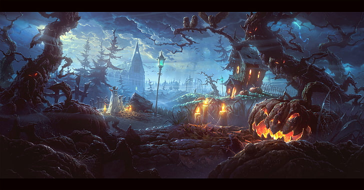 fantasy art, Halloween, digital art, pumpkin, spooky, HD wallpaper