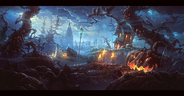 fantasy art, Halloween, digital art, pumpkin, spooky, HD wallpaper HD wallpaper
