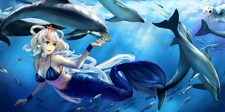 mermaid with dolphins digital painting, girl, fish, the ocean, star, mermaid, bear, art, dolphins, under water, Vocaloid, luo tianyi, jiaoshouwen, HD wallpaper