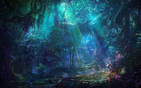 lukisan hijau dan ungu pohon, sinar matahari crepuscular pada hutan, alam, hutan, seni fantasi, karya seni, Wallpaper HD HD wallpaper
