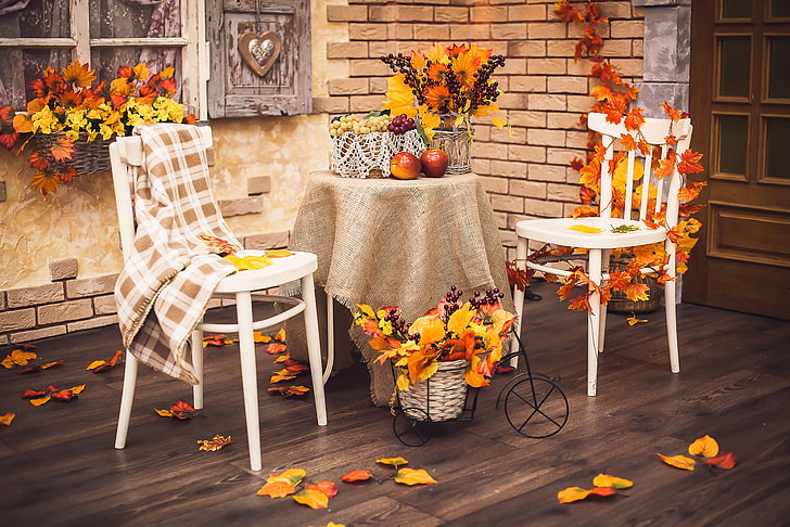 autunno, foglie, tavola, uva, terrazza, Sfondo HD