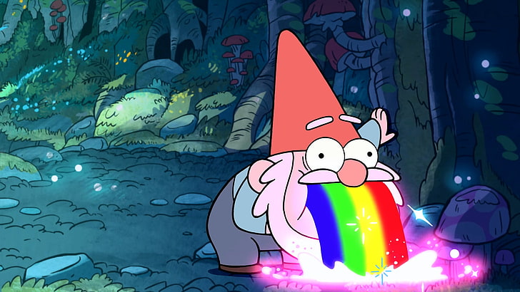 Gnome dari ilustrasi Gravity Falls, Gravity Falls, rainbows, gnome, humor, Wallpaper HD