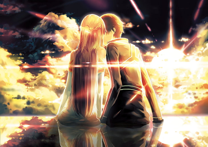 erkek ve kadın anime karakter birbirlerini öpmeye dijital duvar kağıdı, Sword Art Online, Asuna Yuuki, Kirito (Sword Art Online), HD masaüstü duvar kağıdı