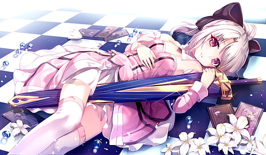 Fate Series, Fate/kaleid liner Prisma Illya, Anime, Flower, Girl, Illyasviel Von Einzbern, Lying Down, Skirt, Sword, Thigh Highs, Weapon, White Hair, HD wallpaper HD wallpaper