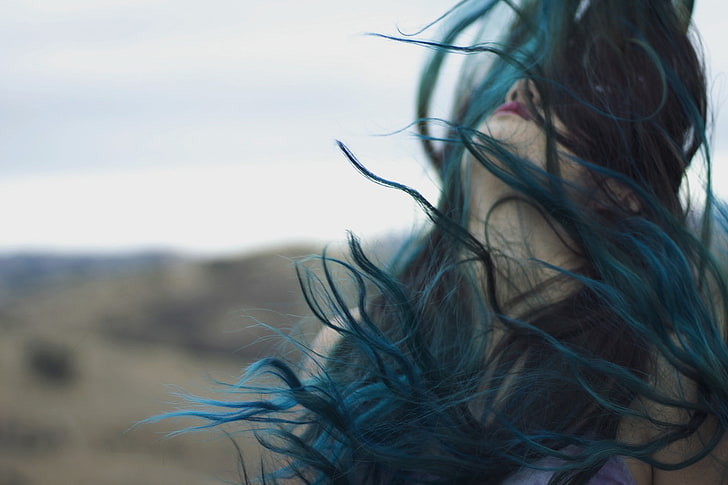 женщины, окрашенные волосы, синие волосы, HD обои