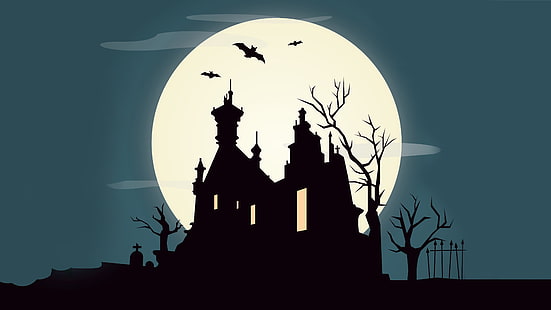 zamek clipart, drzewa, zamek, wektor, październik, nietoperz, horror, przerażający, pełnia księżyca, straszny, cmentarz, święto halloween, Halloween, straszny, cmentarz, Tapety HD HD wallpaper