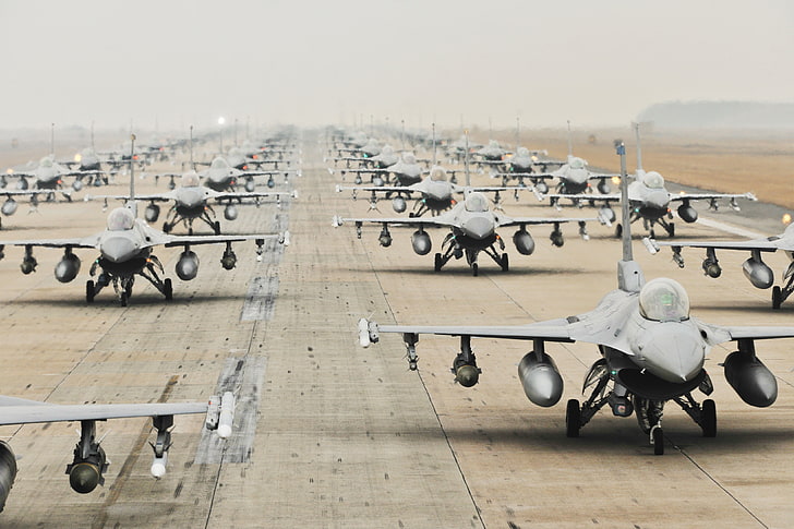 biały i czarny piec gazowy, samolot, wojsko, General Dynamics F-16 Fighting Falcon, Tapety HD