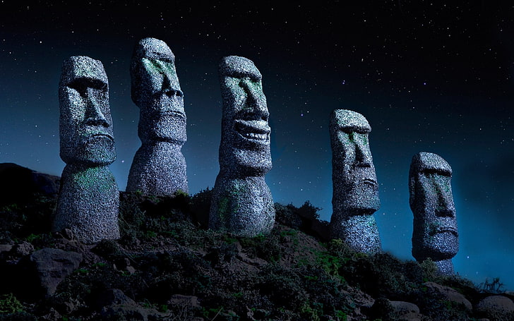 Chile, påskön, landskap, Moai, monument, natur, stjärnklar natt, staty, sten, HD tapet