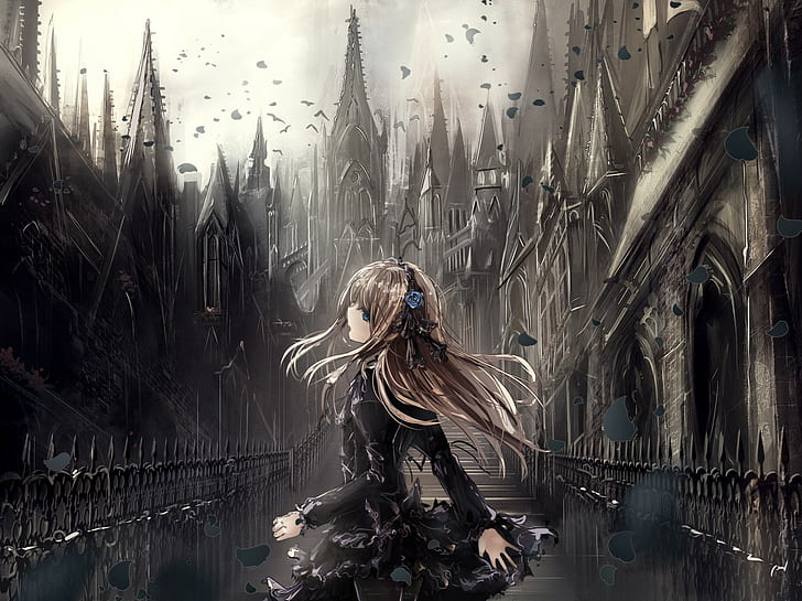 Anime Mädchen, Gebäude, Lolita Mode, Gothic, originelle Charaktere, Anime, HD-Hintergrundbild