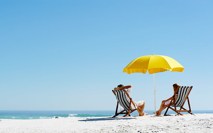 yellow umbrella, sea, beach, summer, stay, umbrella, sunbed, HD wallpaper