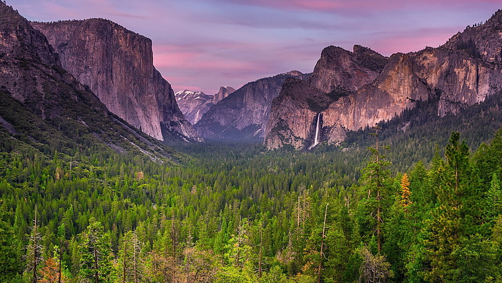 El Capital, Yosemite, przyroda, krajobraz, góry, chmury, drzewa, las, woda, Kalifornia, USA, wodospad, zachód słońca, skała, Park Narodowy Yosemite, Tapety HD
