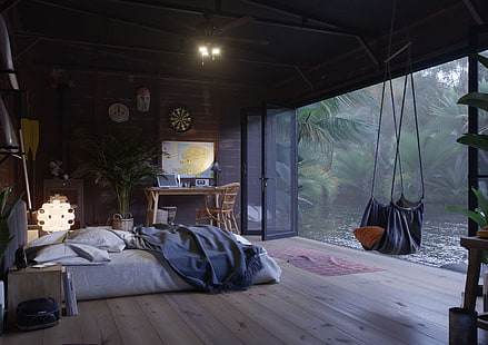 къща, стая, интериор, интериорен дизайн, дървена повърхност, люлки, HD тапет HD wallpaper