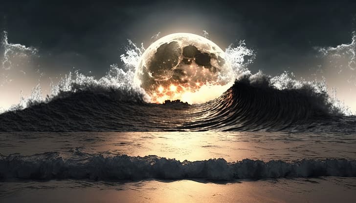 KI-Kunst, Mond, Wellen, Kollision, Meer, HD-Hintergrundbild