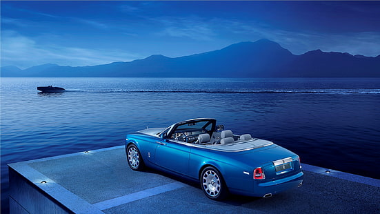 blue convertible coupe, car, Rolls-Royce, blue cars, boat, mountains, vehicle, HD wallpaper HD wallpaper